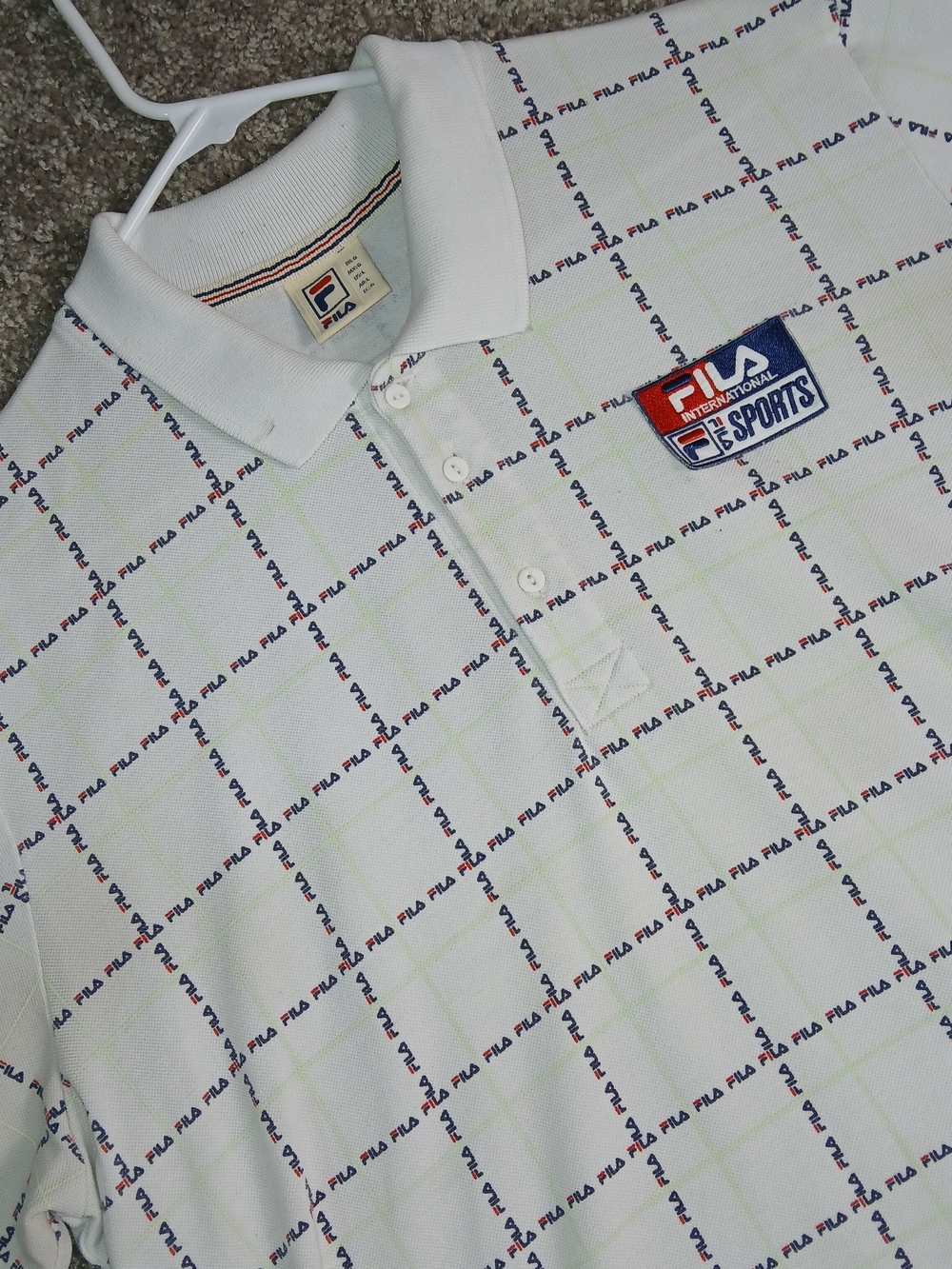 Vintage Fila International White Polo with Navy & Red Logo Grid for Men - Large